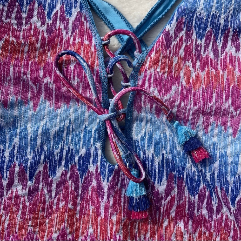 Becca Metallic Plunge Lace Up One Piece Swimsuit Joshua Tree Print NWT M - Picture 6 of 8